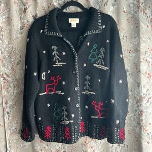 Vintage Talbots Holiday Winter Forest Cardigan Sweater 100% Wool Stitching